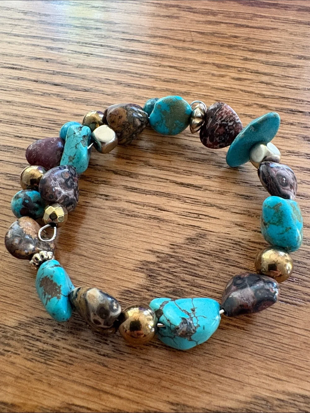 Hand Crafted Turquoise and Jasper Silver Plated Memory Wire Bracelet